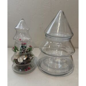 Vintage Lot 2 Anchor Hocking Clear Christmas Trees Shaped Candy Lidded Jar Decor